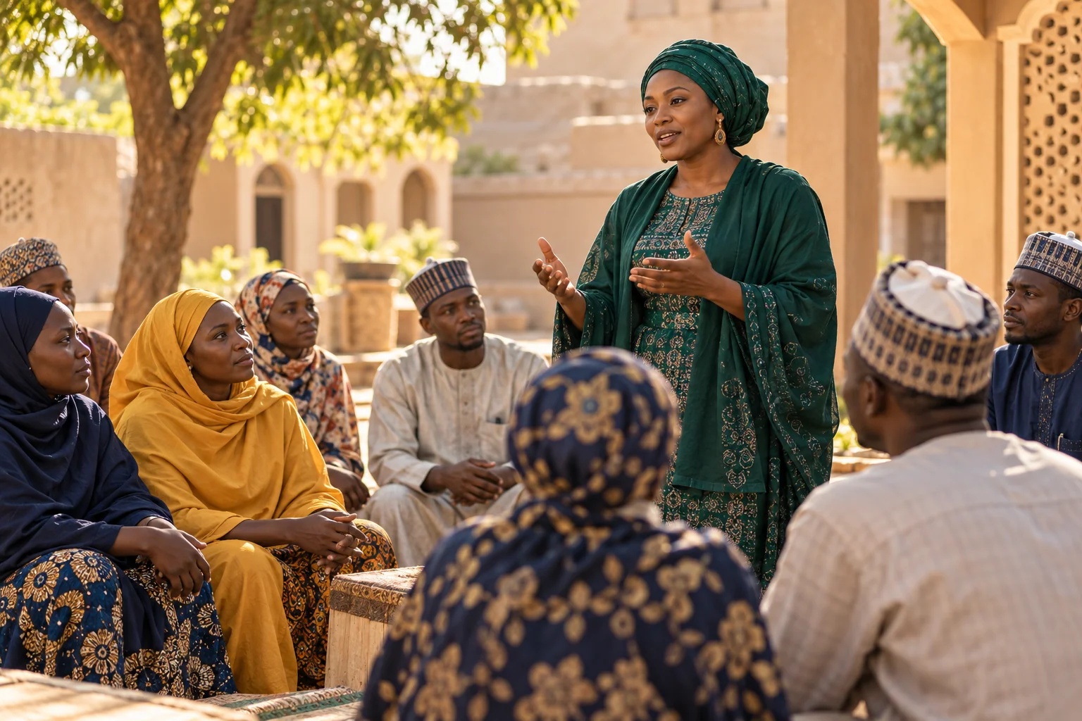 Illustrative scene of a Nigerian woman facilitating a community discussion